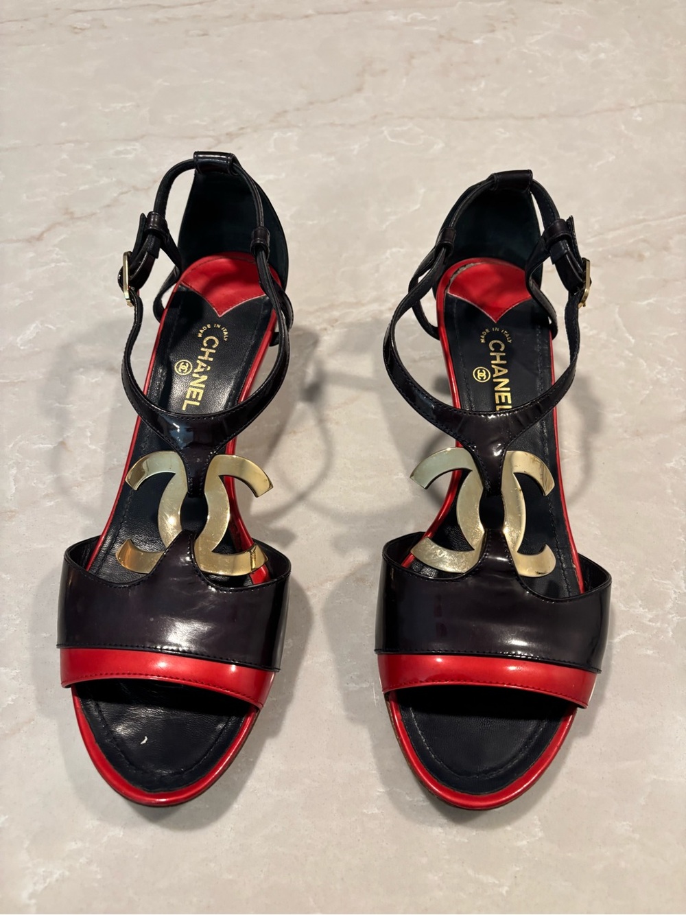 CHANEL Black and Red Patent Leather CC T-Strap Wedge